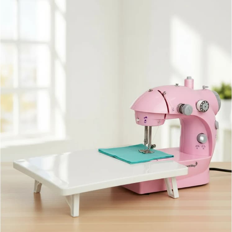 Mini Máquina de Costura Rosa Portátil c/ Mesa e Kit