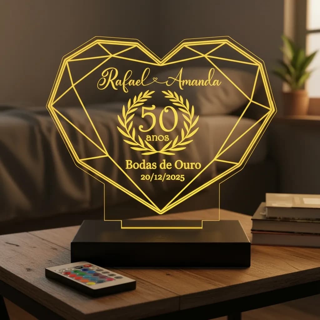 Luminária LED 3D Personalizada Presente Bodas de Ouro Prata