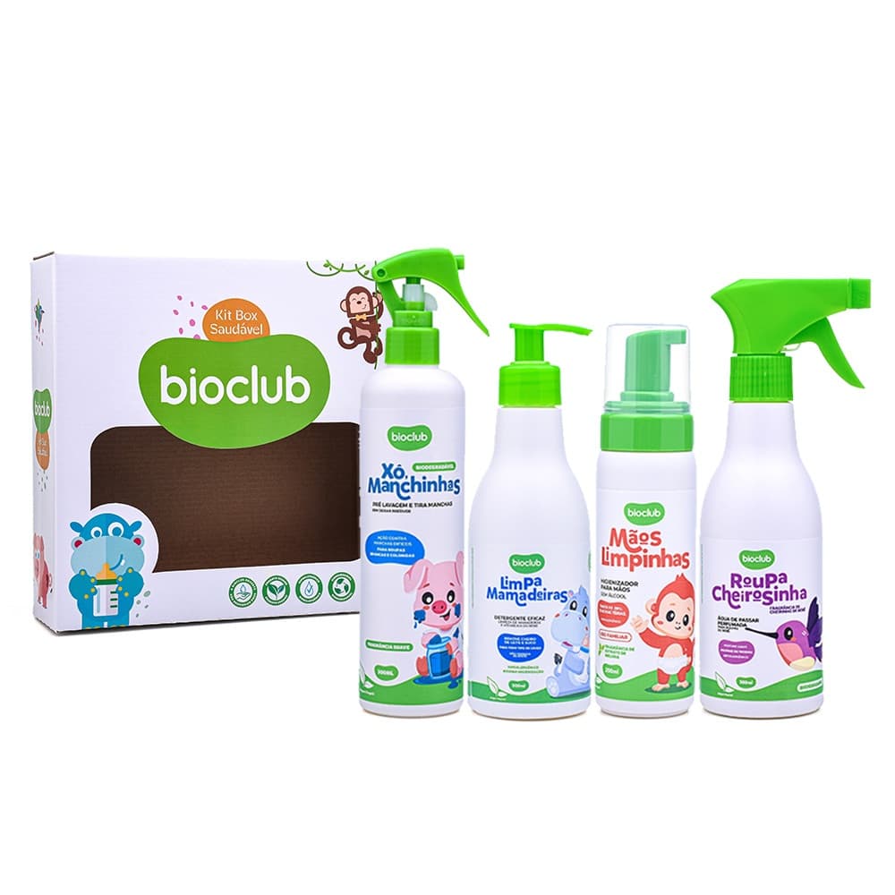 Kit Box Saudável Bioclub com Limpa Mamadeiras Xô Manchinhas Mãos Limpinhas e Roupa Cheirosinha
