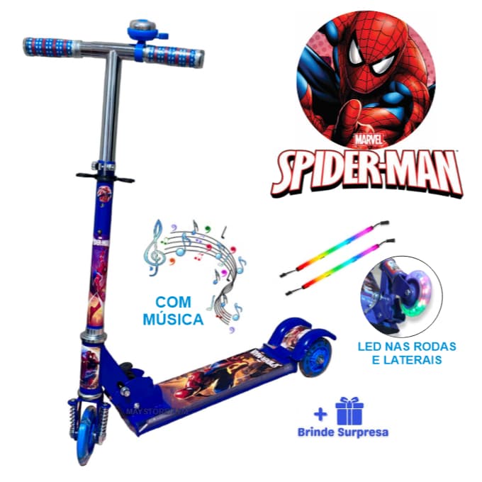 Novo Patinete Musical Infantil Homem Aranha Luz LED Nas Laterais 3 Rodas Buzina Freio 3 a 5 Anos