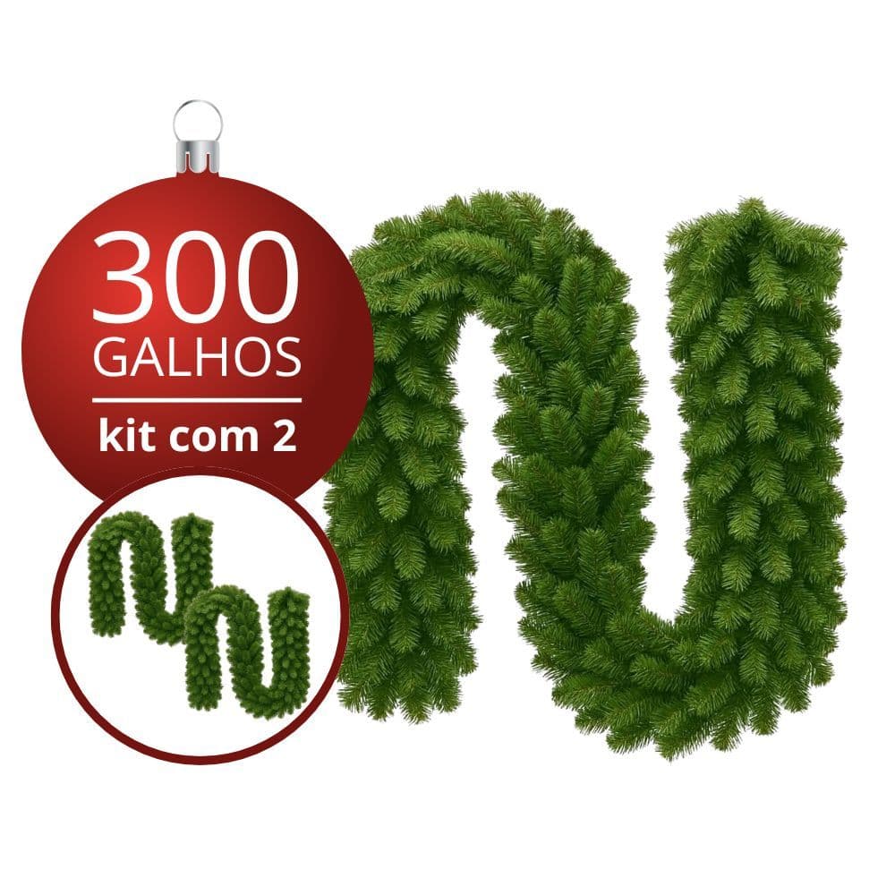 Kit 2 Festão Aramado Natal Grosso 270 Metros C/ 300 Galhos Cheios Luxo Flexível Decoração