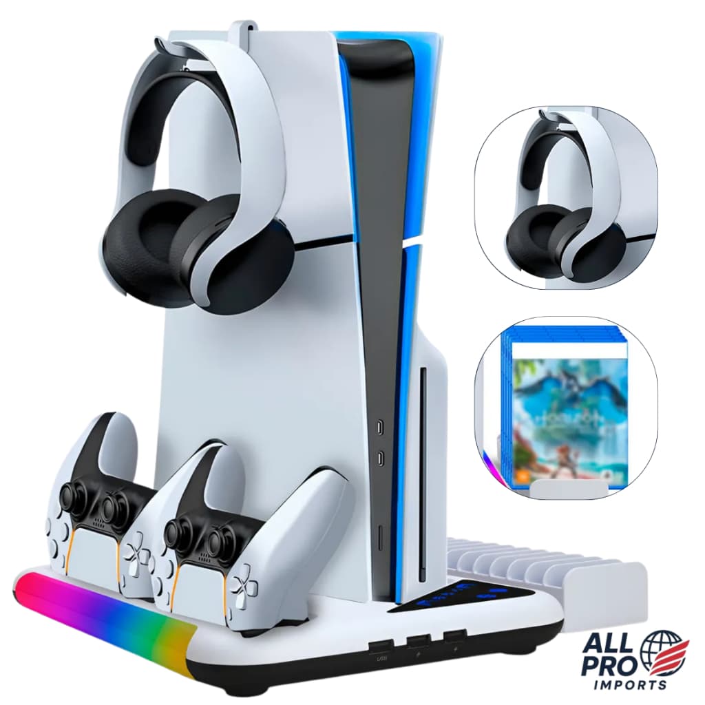 Base Cooler Para PS5 Slim / PS5 Fat / PS5 Pro Suporte Para Fone Carregador 2 Controles Led Rgb Branco TP53557
