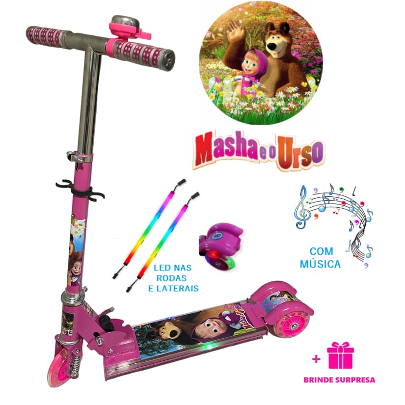Patinete Masha Urso Infantil Rosa Musical Menina 3 Rodas Led Nas Rodas e Laterais Freio Metal Buzina