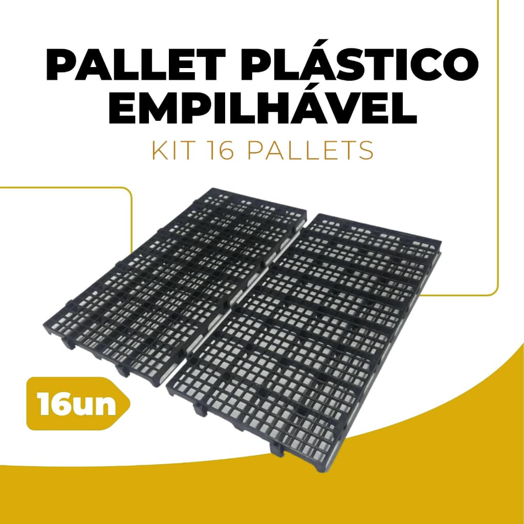 Kit 16 Peças Palete Estrado Piso Plástico Reforçado Preto 2,5x25x50 Cm