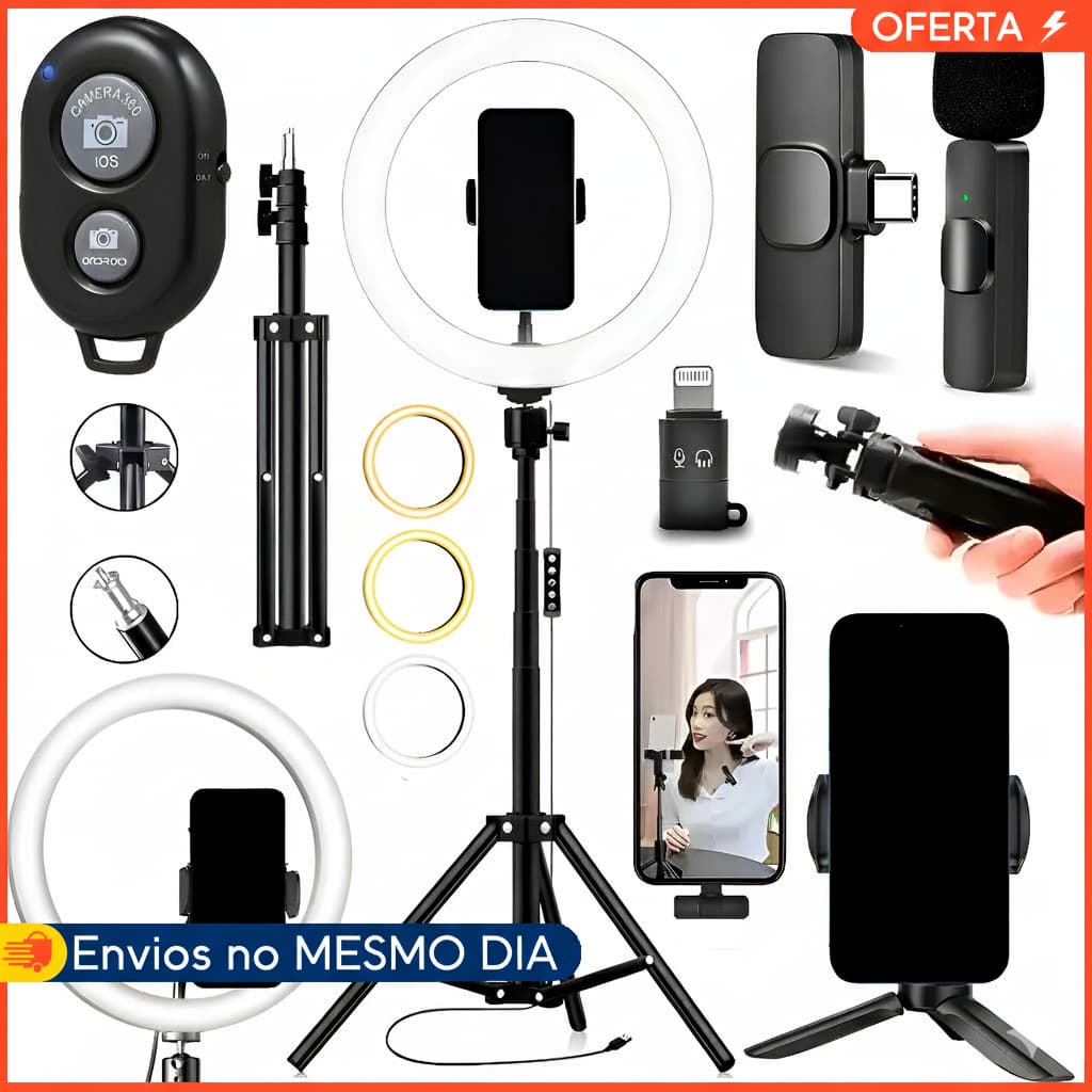 Kit Tiktok Ring Light 26cm Tripé 2,10m Microfone Lapela Sem fio Suporte Celular Selfie Profissional