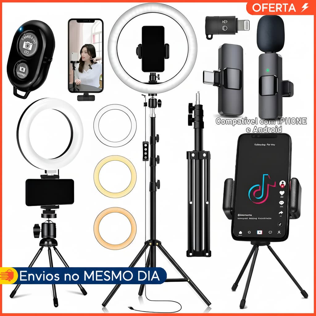Kit Youtuber 2 Ringlinght Iluminador Microfone Lapela Bluetooth Controle Selfie Profissional