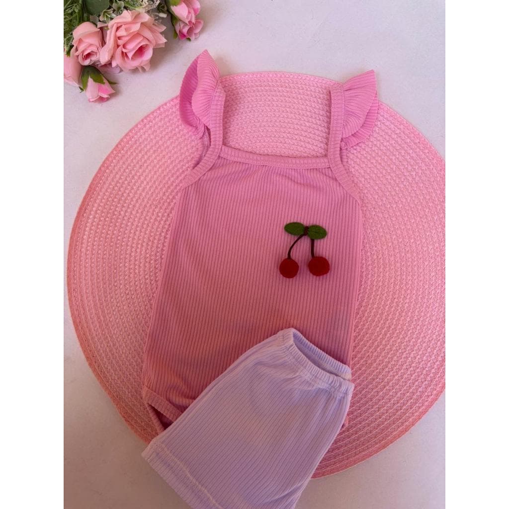 Kit 2 peças Body e Shorts Conjunto Infantil Babadinho Bebê Menina Roupa de Natal Verão Cerejinha Premium Algodão Rn ao G