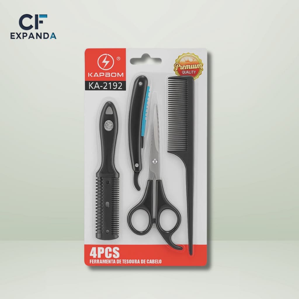 Kit Para Cortar Cabelos E Barbas C/ Pente Navalha E Tesouras Preto KA- 2192 KAPBOM Barbearia