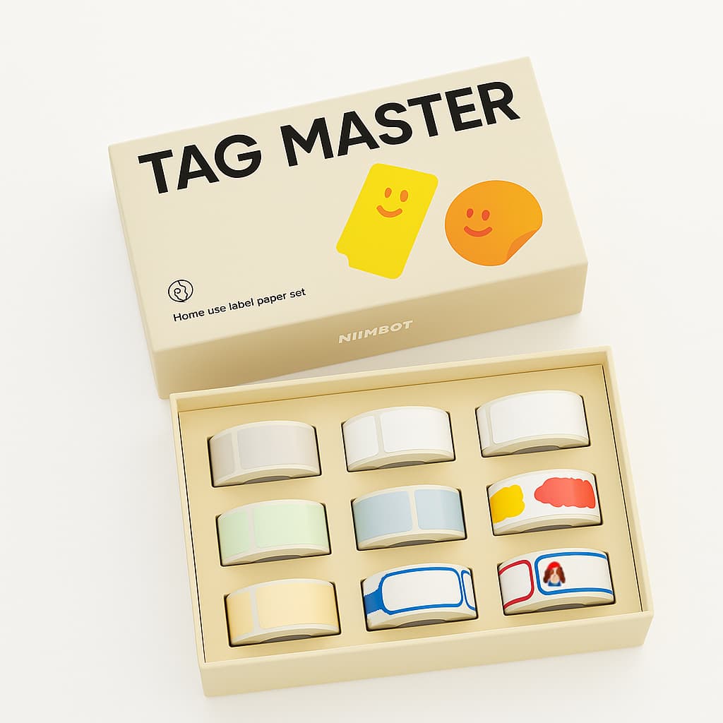 Conjunto kit com 9 Rolos de etiquetas térmicas Adesivas Niimbot Diversas Para Impressoras Niimbot