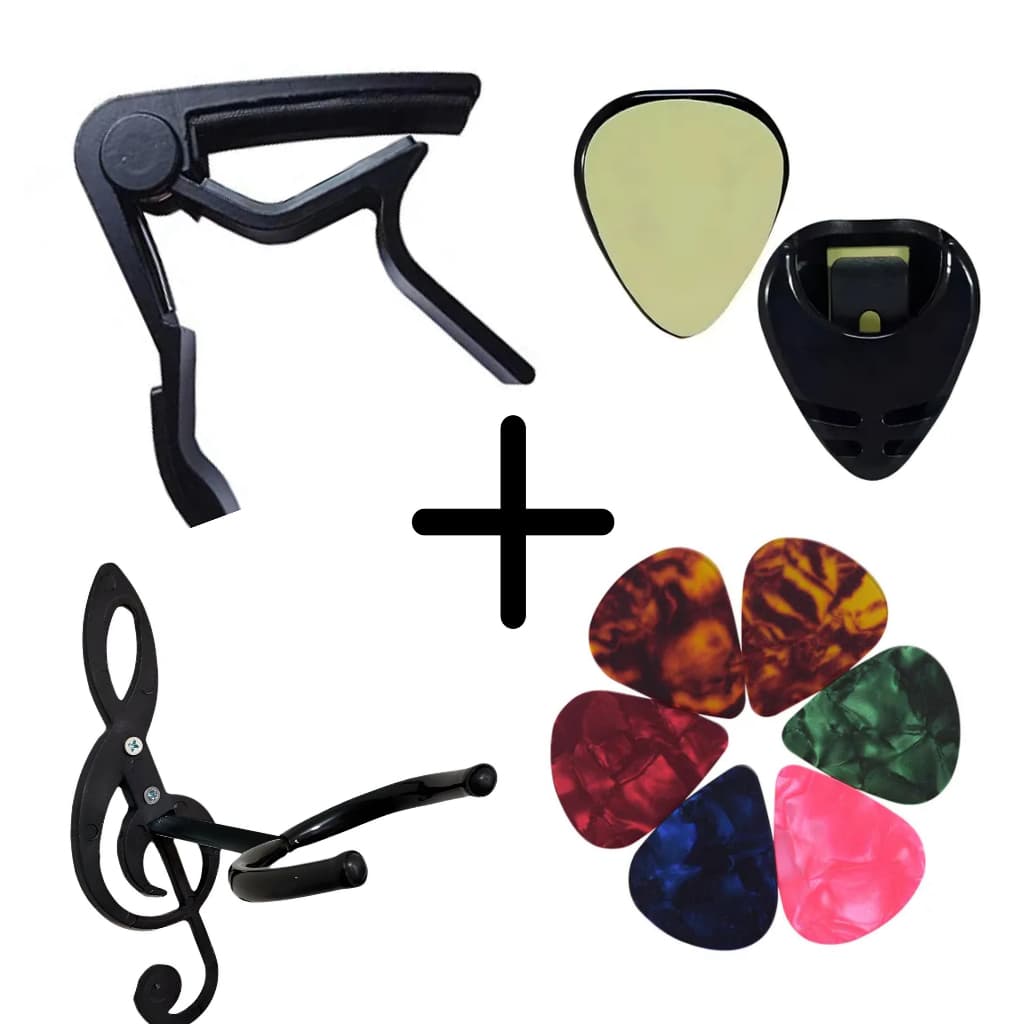 Kit 4 em 1 Capotraste + suporte de palhetas + suporte de parede + 5 palhetas para violão guitarra ukulele baixo viola