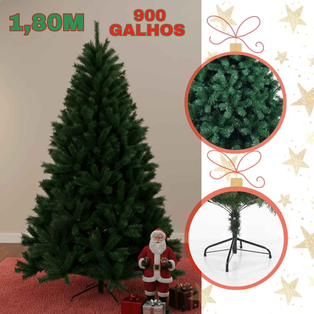 Árvore De Natal Pinheiro 1,80m 900 Galhos Verde Luxuosos + BRINDE GRÁTIS 10 pinhas
