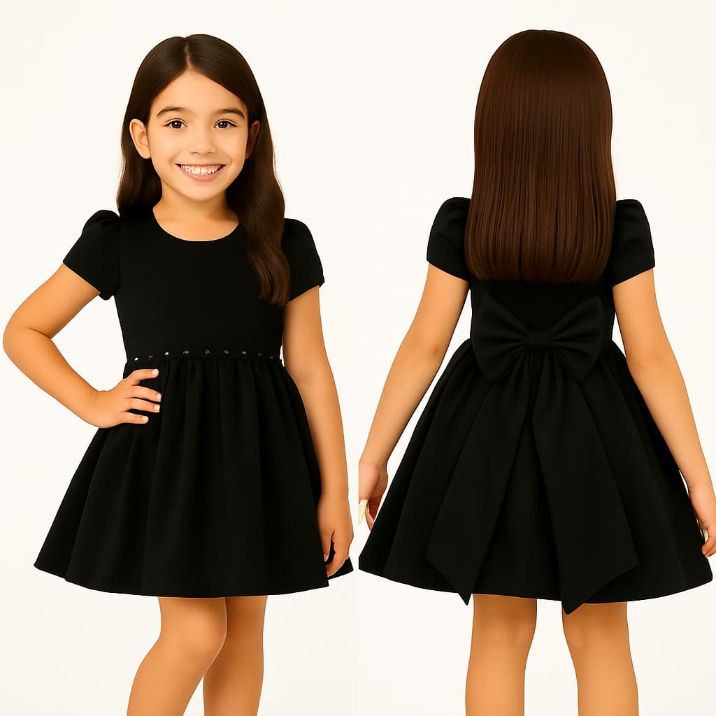 Vestido Infantil Princesa Clássico Preto com Cinto de Pérolas E Laço Nas Costas - AT