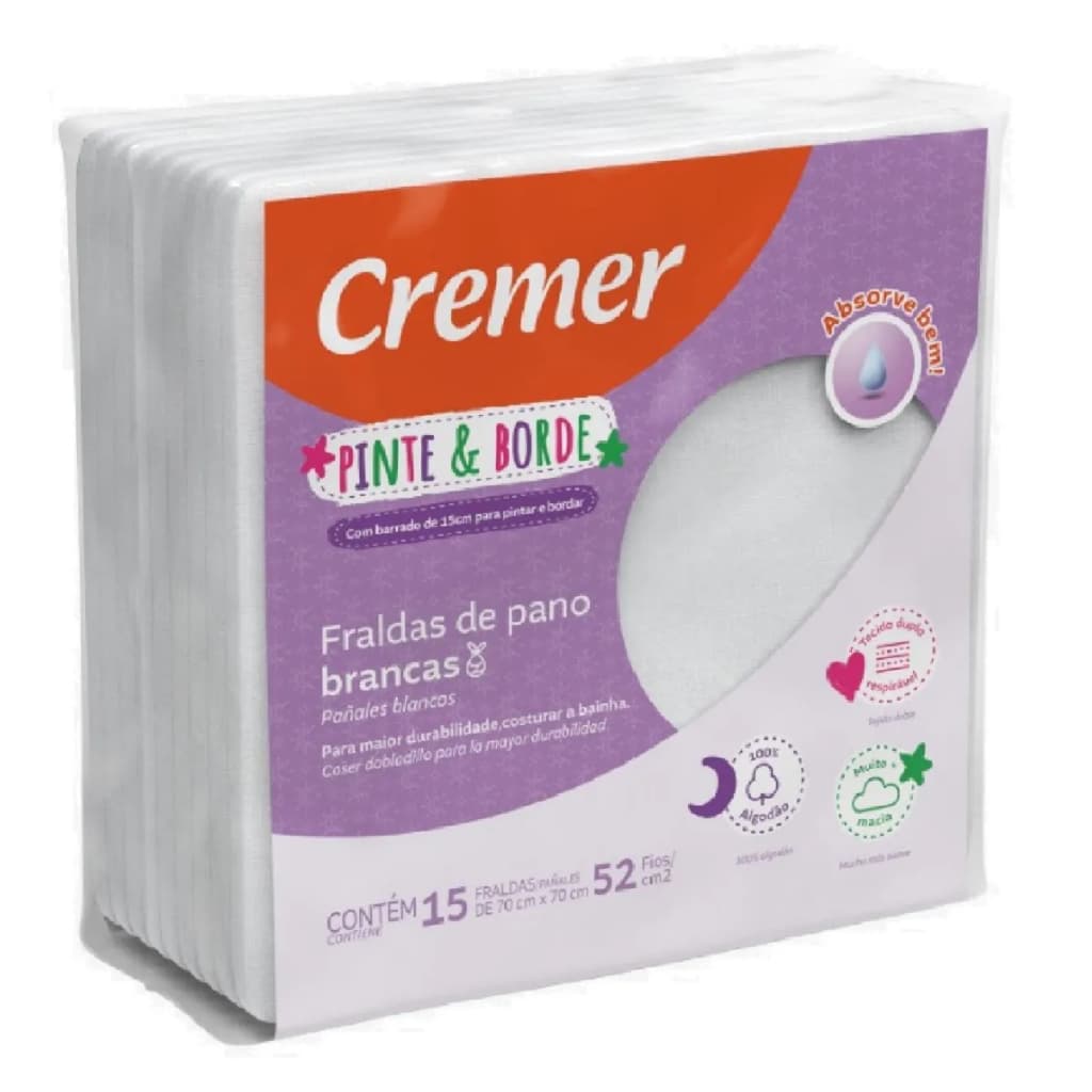 Fralda de Pano Branca Pinte e Borde 15 un - Cremer