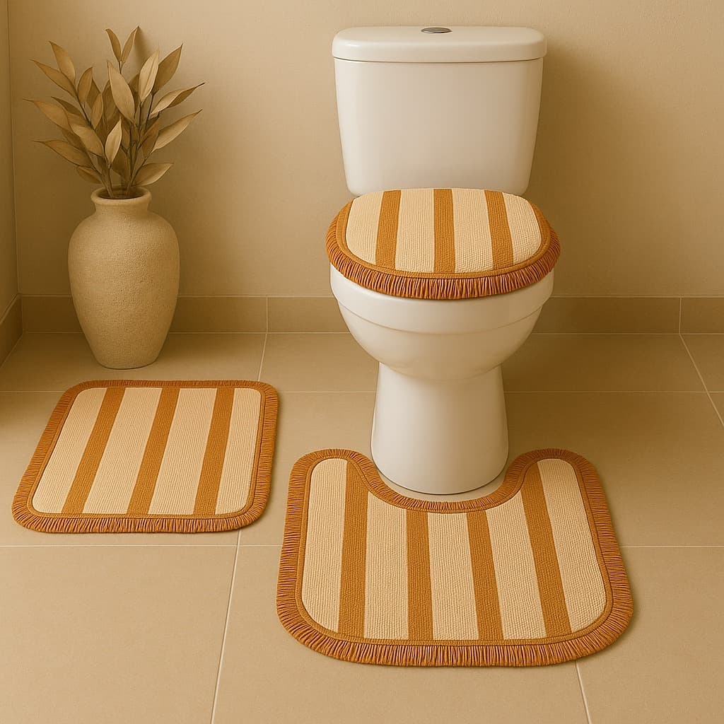 Kit Tapete Banheiro 3 Peças Algodão Listrado Boho com Franjas