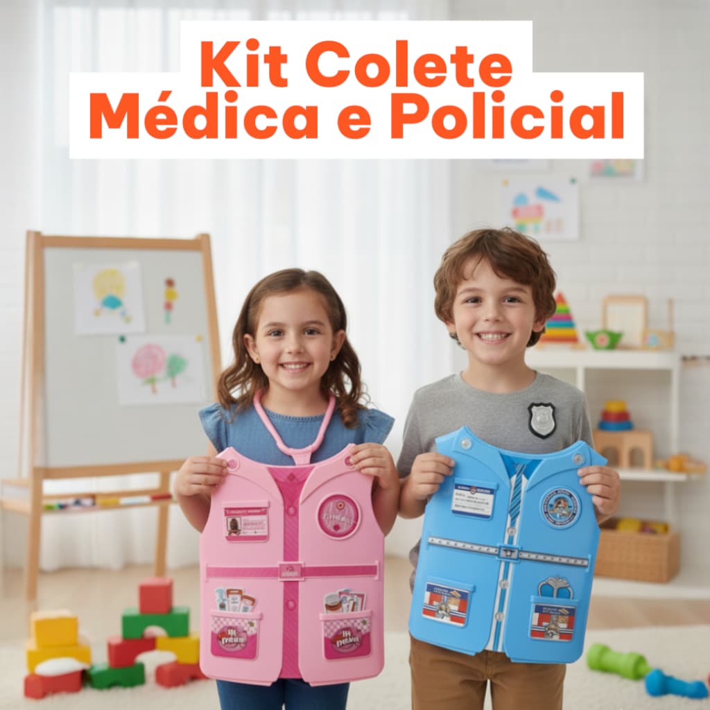 Kit Colete Médica Infantil e Kit Colete Policial Infantil Brinquedo Fantasia Criança com Acessórios