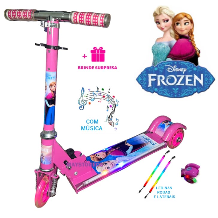 Patinete Infantil Metal Frozen Rosa Menina 3 Rodas Música Luzes LED 3 Rodas Freio Buzina Ajustável