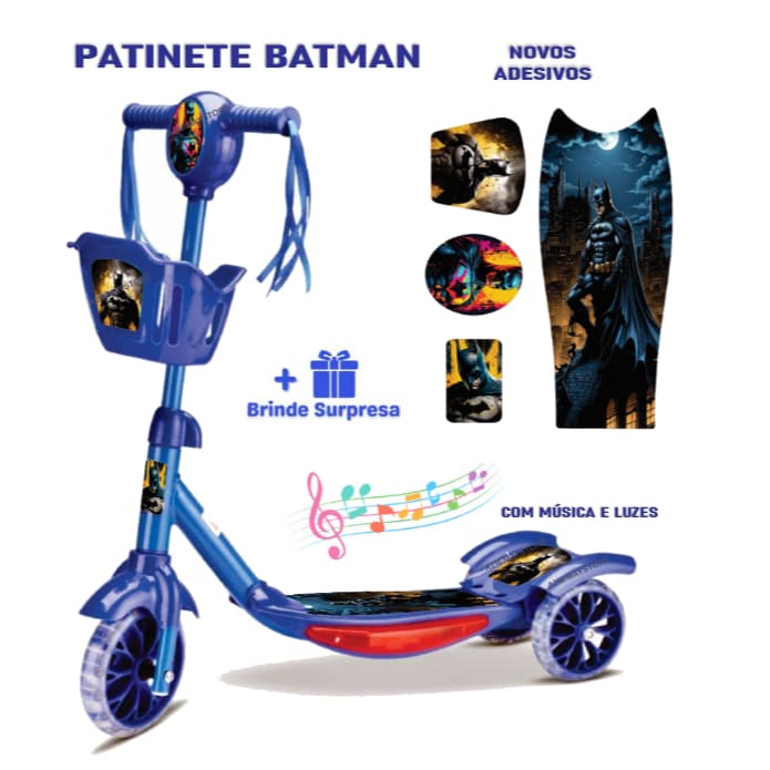 Patinete Infantil Musical Batman Azul Menino 3 Rodas Cesta Luzes Freio Altura Ajustável