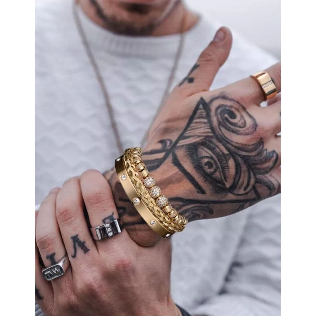 Kit Pulseiras Luxuosa Masculina Acabamento Brilhante Dourada Trio Bracelete Alta Qualidade
