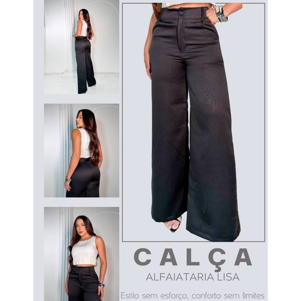 Calça Feminina Pantalona Alfaiataria Lisa Wide Leg Cintura Alta Com Botão Encapado Bolsos Frontais