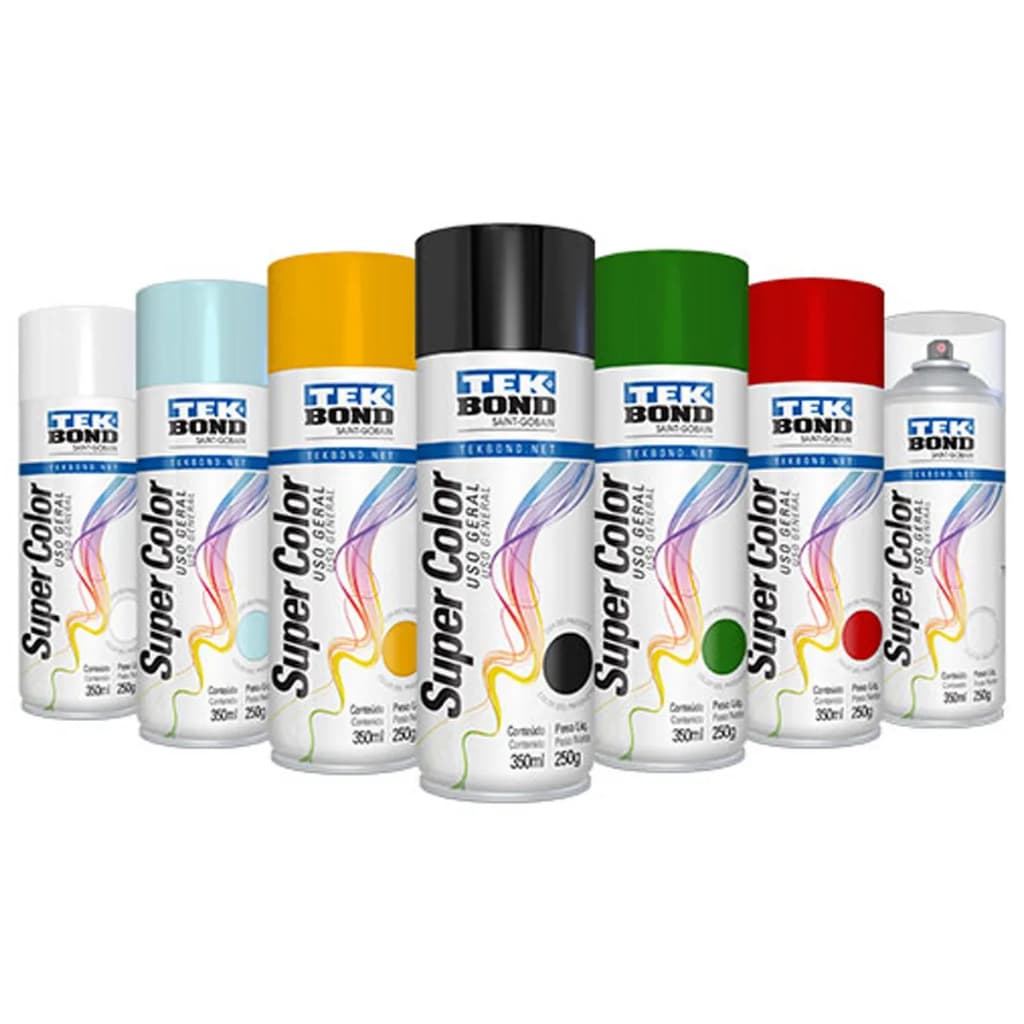 Tinta Spray Tek Bond Uso Geral Super Color P/ Metais, Madeira, Plásticos. Todas Cores Bico Especial Não Escorre