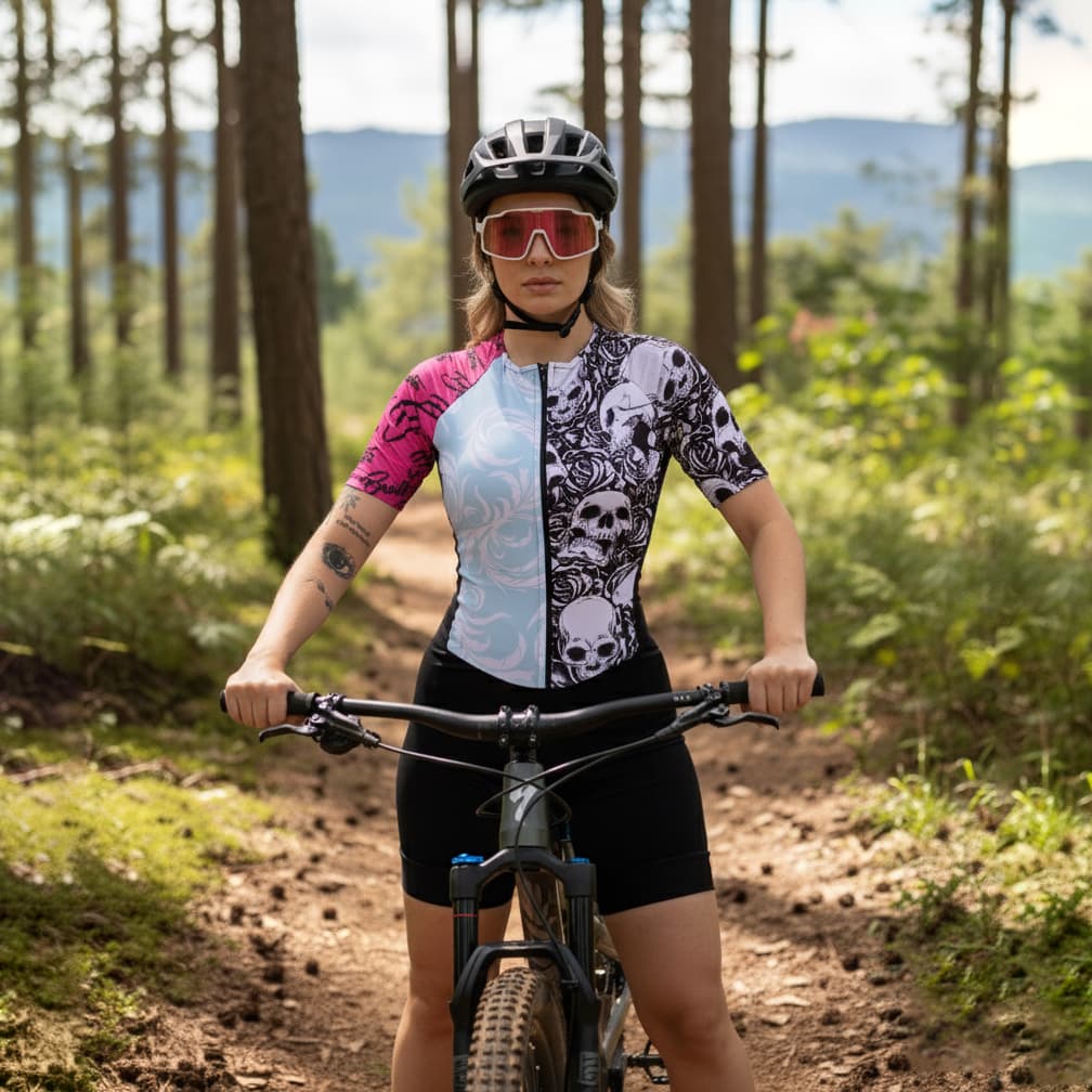 Macaquinho de Ciclismo Feminino Modelo Caveira Manga Curta ou Longa e Forro Acolchoado Conforto para Pedal forro em Gel