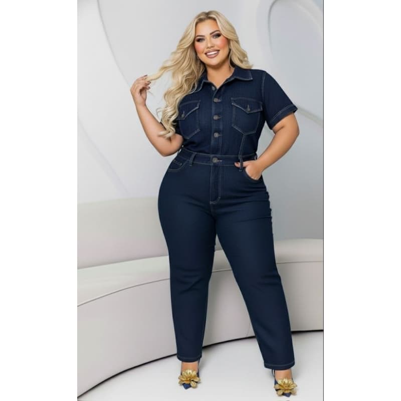 Macacão Jeans Plus Size Feminino Longo Com laycra Manga Curta Luxuoso 48/50