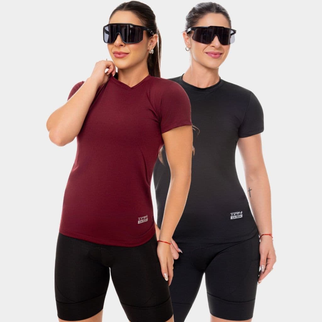 Combo 2 Camisa Camiseta Blusa Dry Fit Feminina Manga Curta Academia Treino Esporte Corrida Proteção Uv Solar Preto Vinho