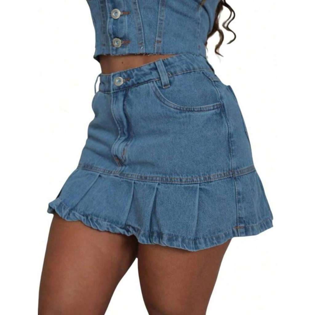 Saia Jeans Feminina Cintura Alta Detalhe Plissado Barra Rodada Bolso Tradicional Estilo Atemporal