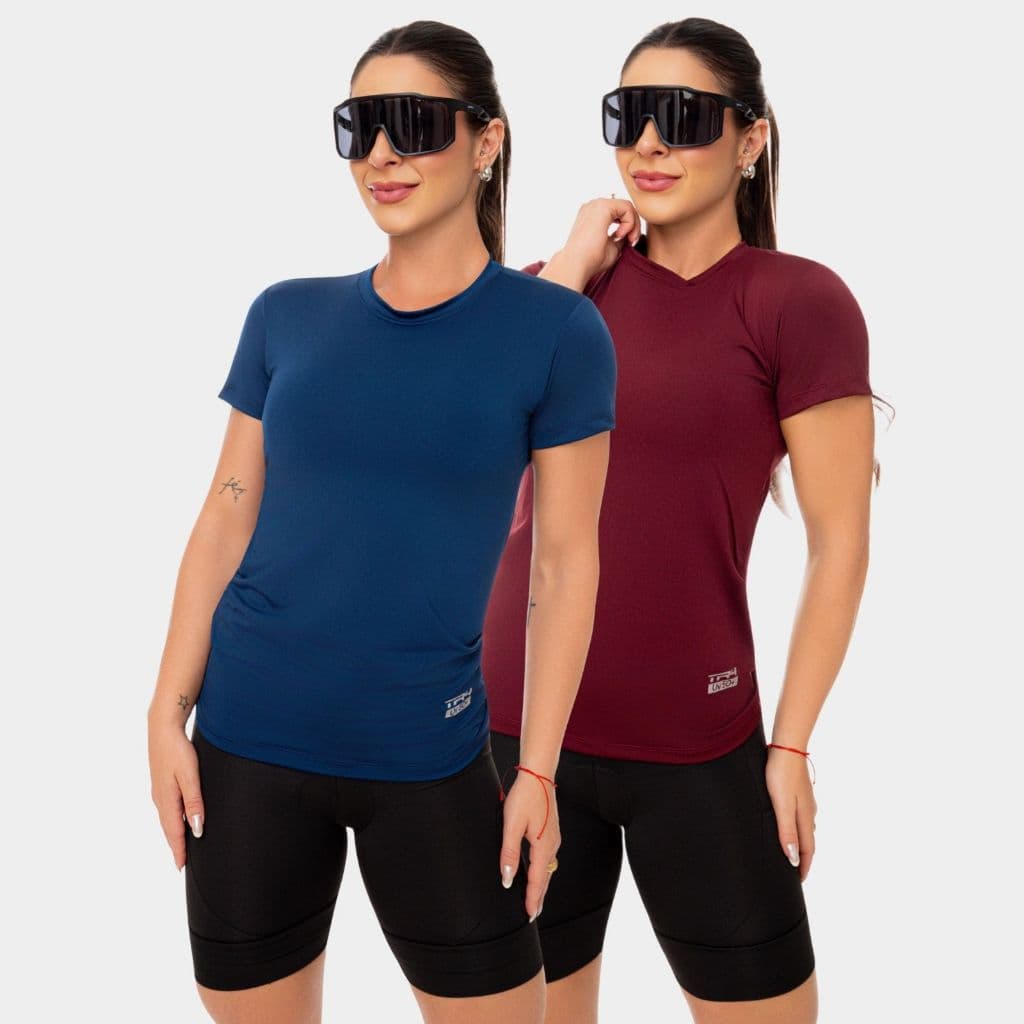 Combo 2 Camisa Camiseta Blusa Dry Fit Feminina Manga Curta Academia Treino Corrida Proteção Uv Solar Azul Marinho Vinho