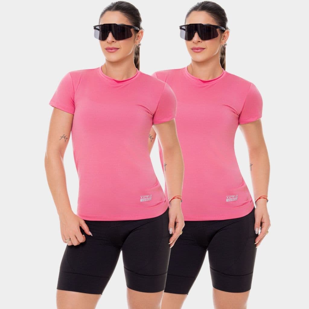 Kit 2 Camisa Camiseta Blusa Dry Fit Feminina Manga Curta Academia Treino Esportiva Corrida Uv Rosa
