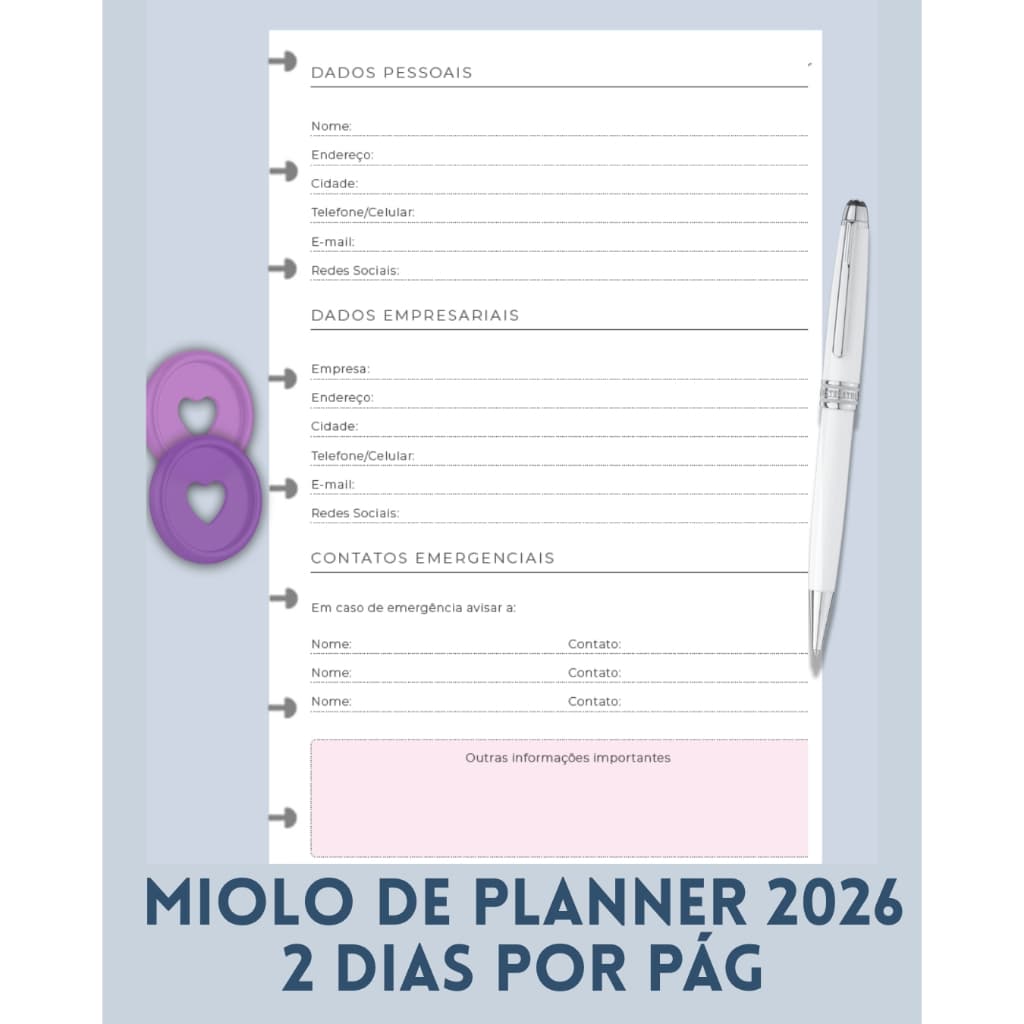 MIOLO planner/agenda simples 2 dias por pág- PARA CADERNO DE DISCOS/INTELIGENTE 2025 - papelaria - organização - planner