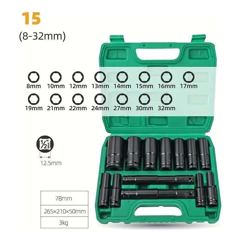15/10 PÇS Jogo de Soquetes de Impacto Longo 1/2 8mm - 32mm Para Chave e Broca