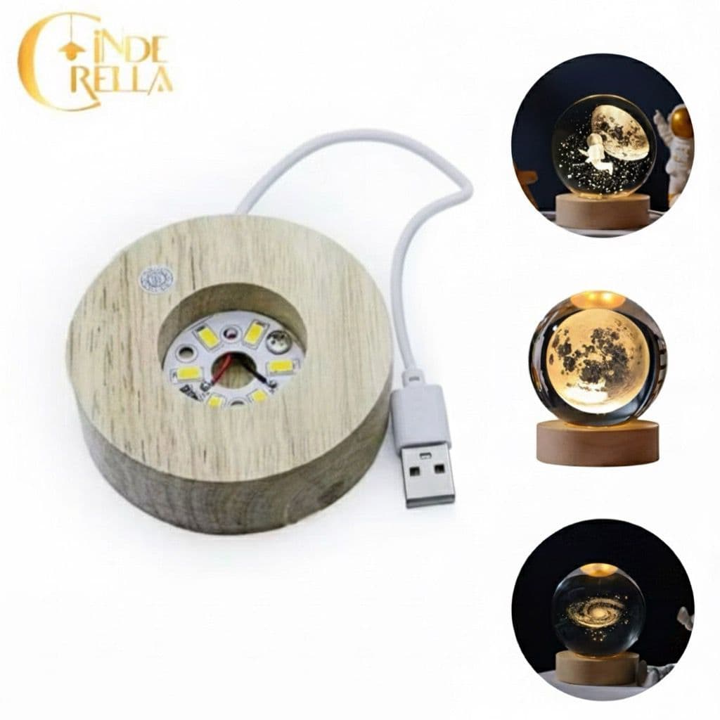LUMINÁRIA ESFERA 3D LED USB – GALÁXIA / ASTRONAUTA / LUA | BASE DE MADEIRA