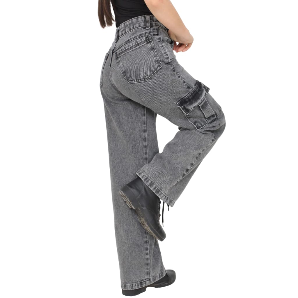 Calça jeans menina cargo pantalona wide leg bolso lateral