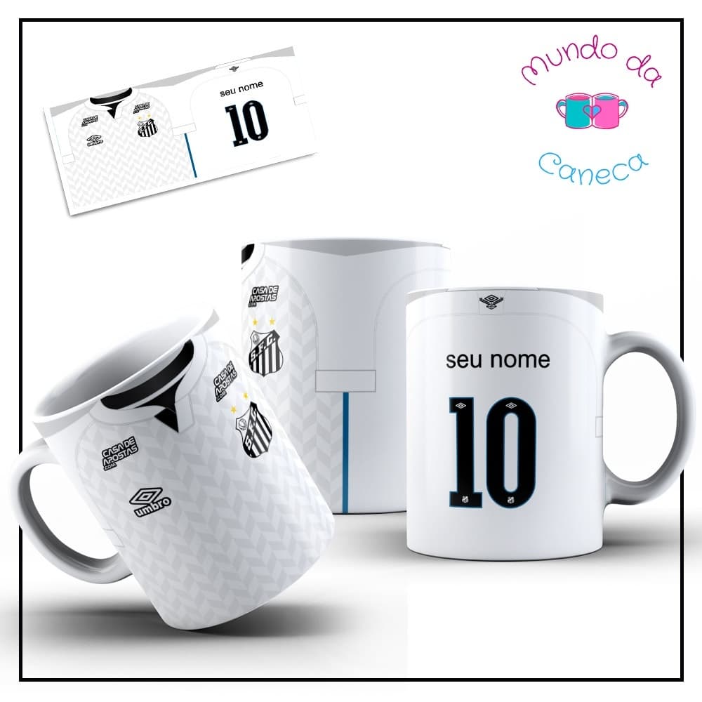 Caneca Personalizada do Santos Futebol de Porcelana 17 Modelos SFC Peixe com seu Nome