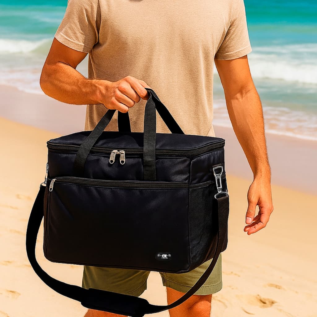 Bolsa Térmica Preta 30 Litros Resistente para Praia Camping Pesca Doces Bolos Bebidas Lanches