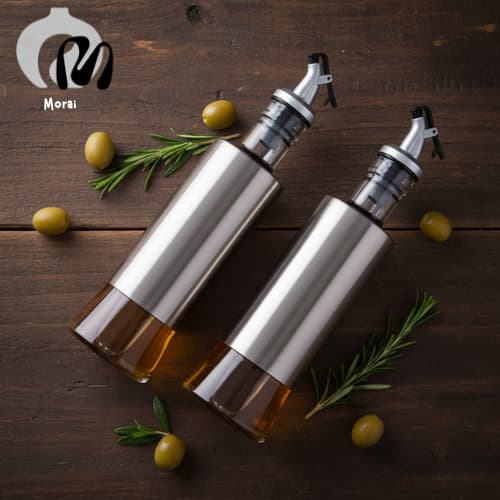 Kit 4 Galheteiro Garrafa de Vidro 200ml/300ml com Bico Dosador Azeite Vinagre Oleo Shoyu Aço Inox