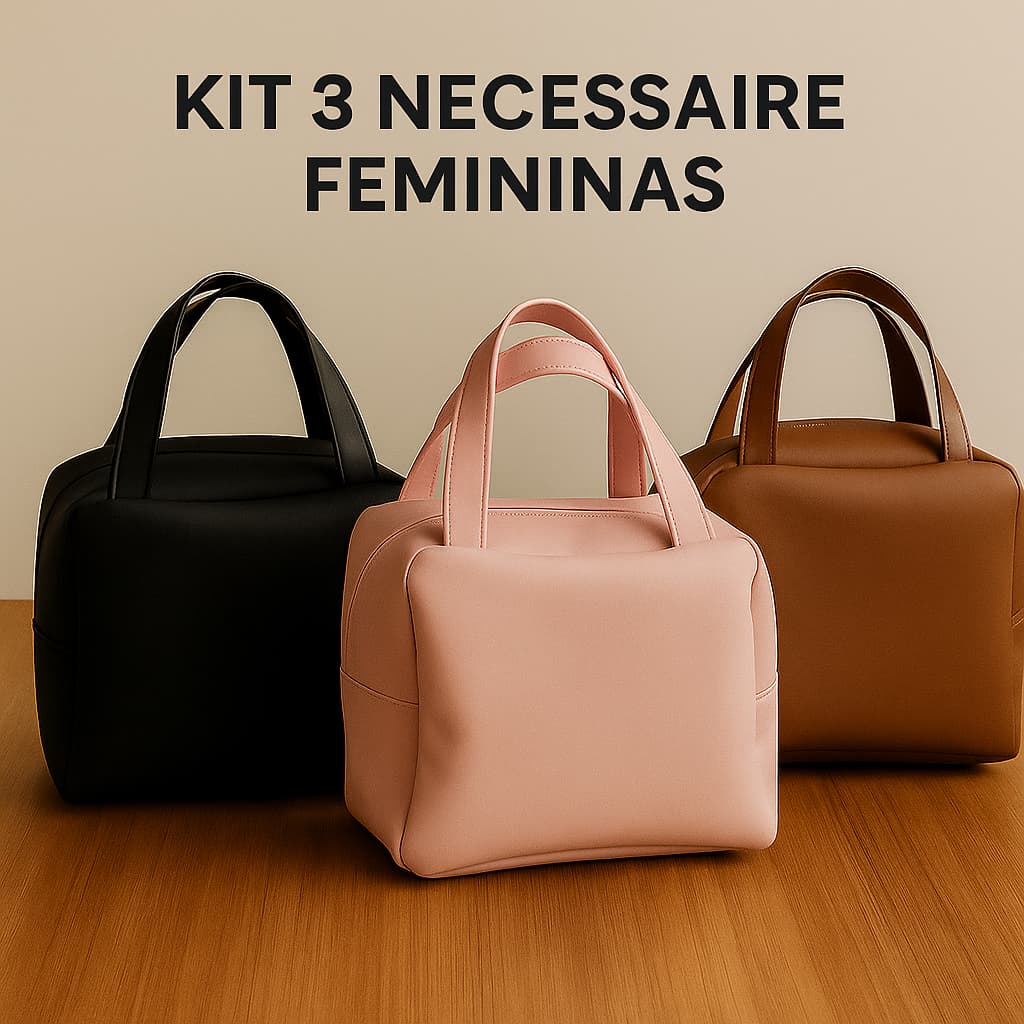 Kit 3 Necessaire Feminina de Couro Sintético Premium Espaçosa Impermeável Viagem Academia Cosmeticos