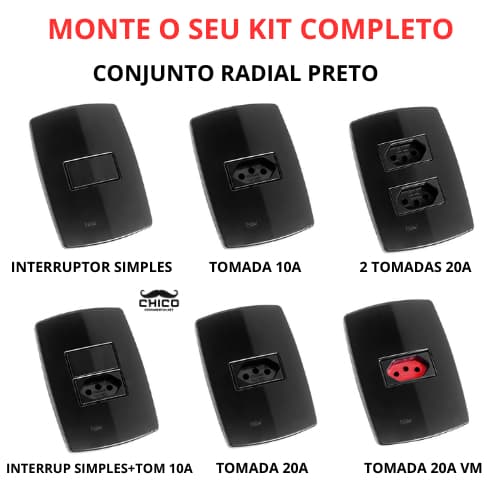 CONJUNTO INTERRUPTOR TOMADA 10A/20A MODULO PRETO RADIAL