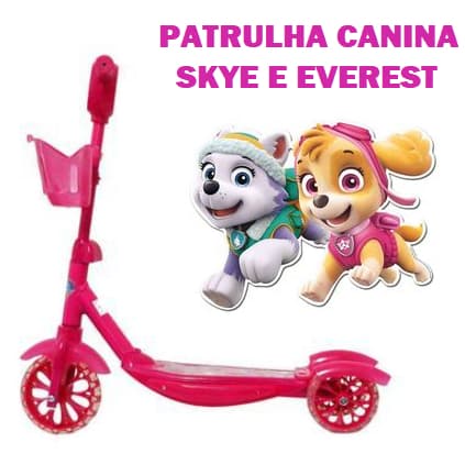Patinete Infantil Musical Rosa Patrulha Canina Menina Skye Everest Cestinha Música e Luzes 3 Rodas Altura Ajustável