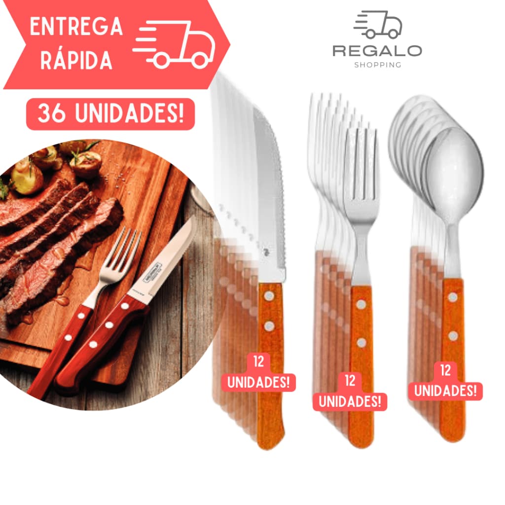 Jogo com 36 Talheres Peças de Metal Cabo de Madeira Reforçado Cozinha Louça Talher Almoço Jantar