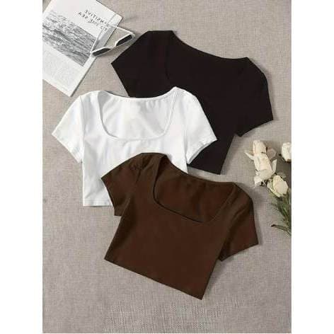 Cropped Feminina Baby Look Manga Curta Gola e Decote Quadrado Moda Casual Versátil Blogueira 2025