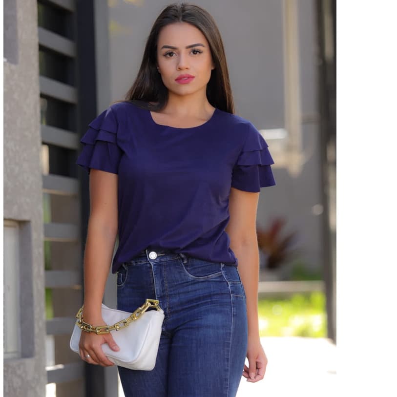 Blusa Blusinha Babado Feminina Blusa Suede Manga Curta Camiseta Babadinho Corte à Láser  ModaTop