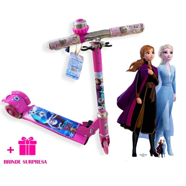 Patinete Infantil Rosa de Metal Menina Frozen Dobrável Com Led Nas 3 Rodas Buzina Suporta 35kg