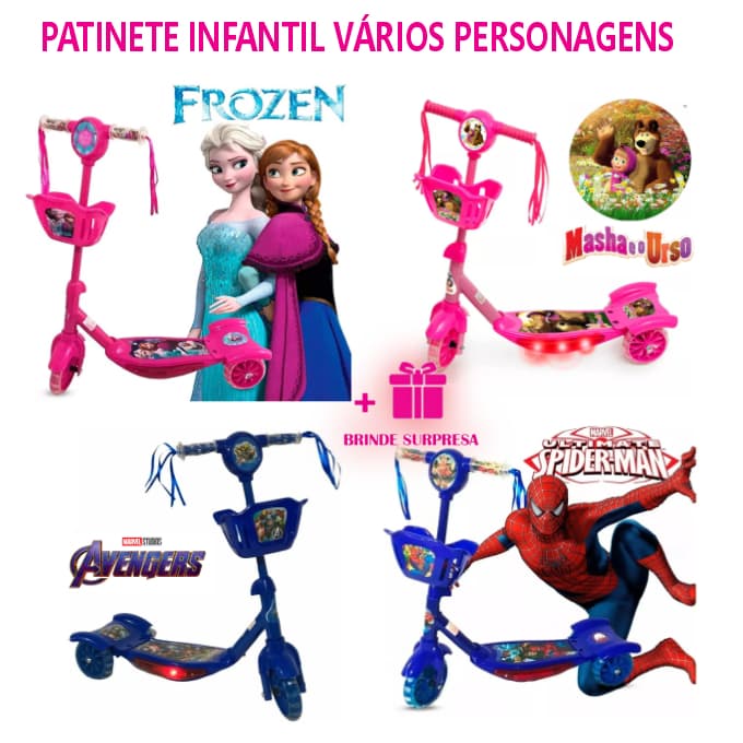 Patinete Infantil Menina Menino Frozen Carros LOL Hulk Homem Aranha Vingadores 3 Rodas Música Luz