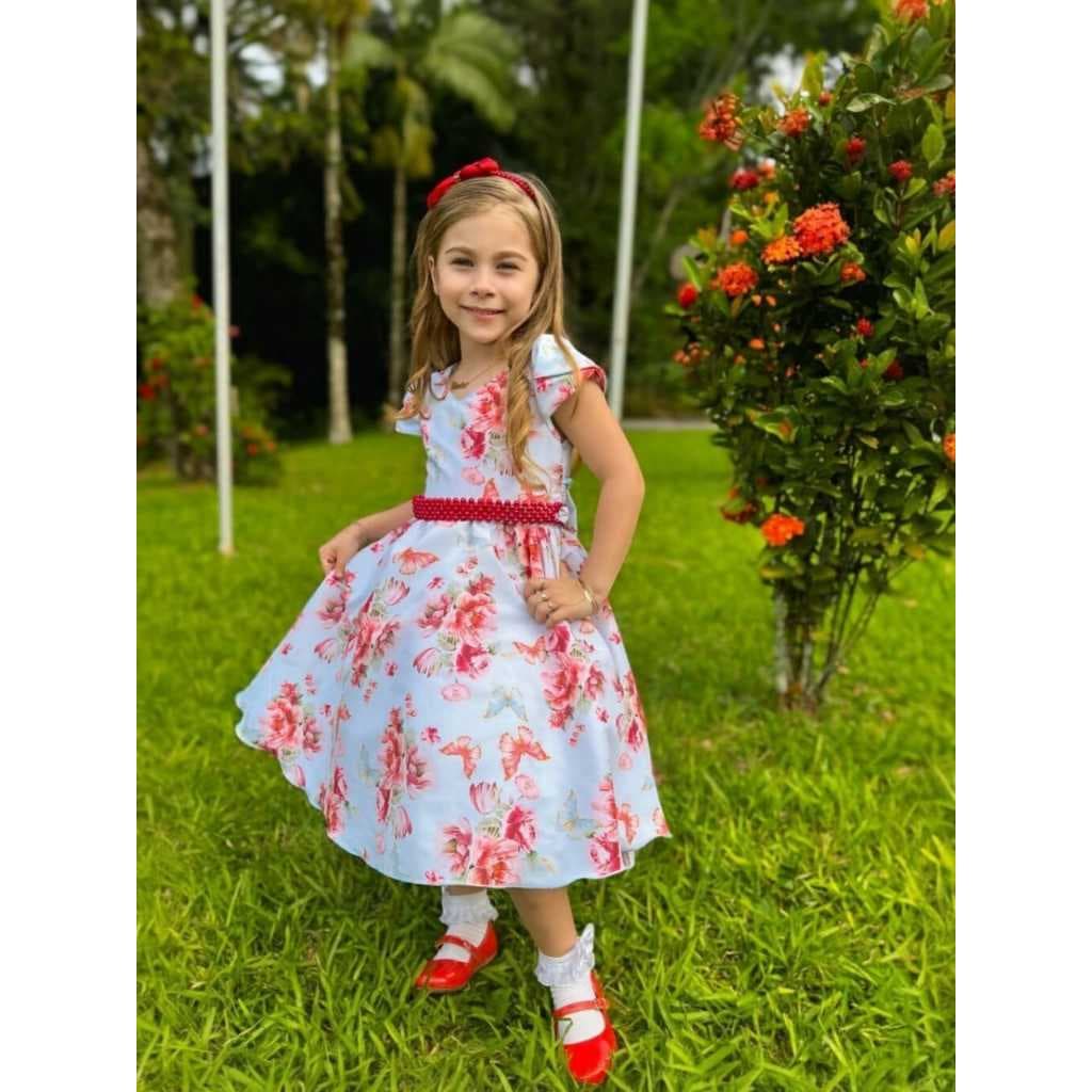 VESTIDO INFANTIL AZUL FLORAL COM CINTO PÉROLAS VERMELHO - FESTA PASSEIO