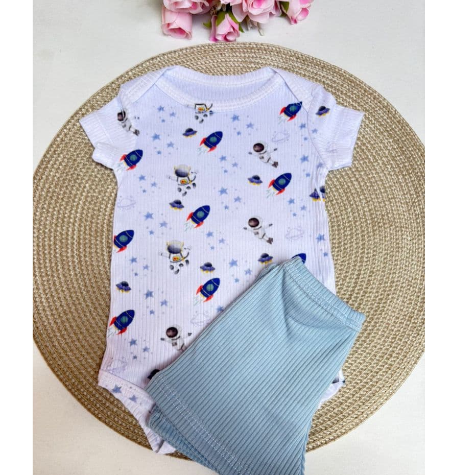 Conjunto Infantil Menino Body e Pagão Bebê Menino Roupa de Natal kit 2 peças Body Astronauta e Shorts Premium Algodão