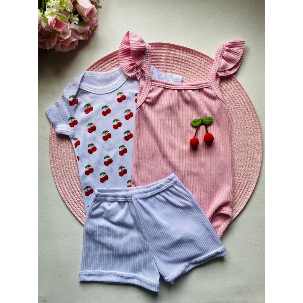 Kit 3 peças Body e Shorts Conjunto Infantil Babadinho Bebê Menina Roupa de Natal Verão Cerejinha Premium Algodão Rn ao G