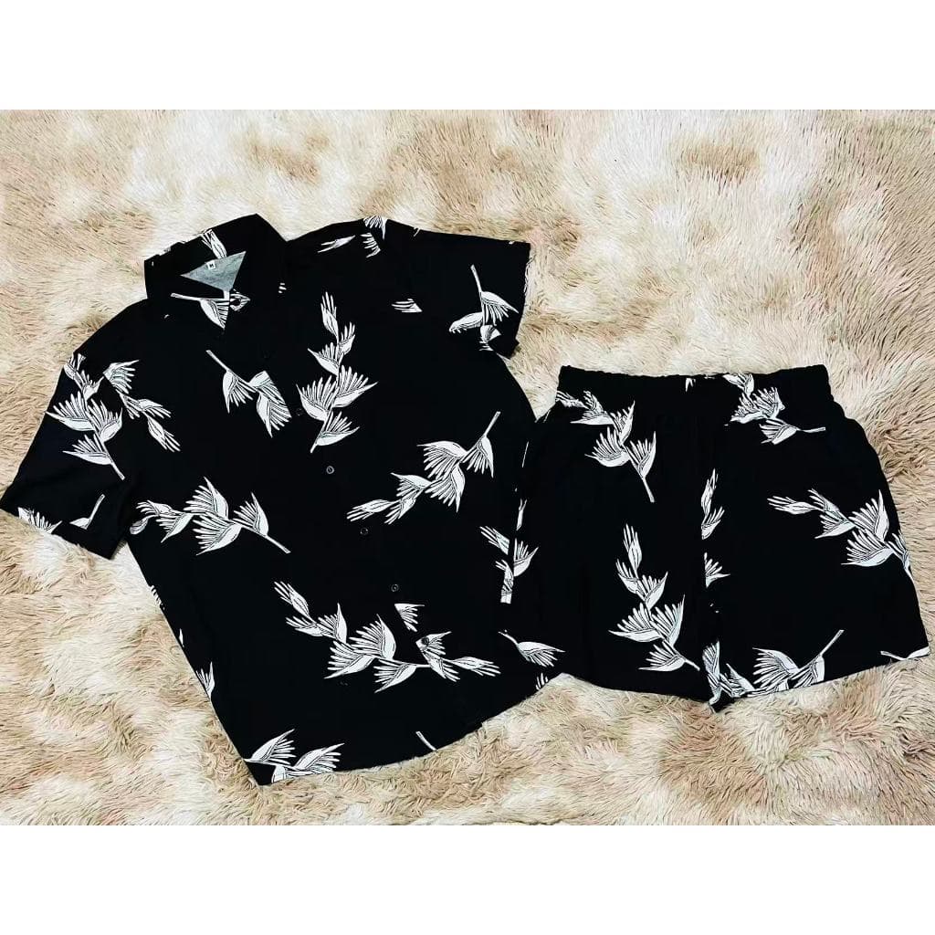 Conjunto Camisa e Short Florido Havaiano Estampado Floral Adulto Masculino Tecido de Viscose