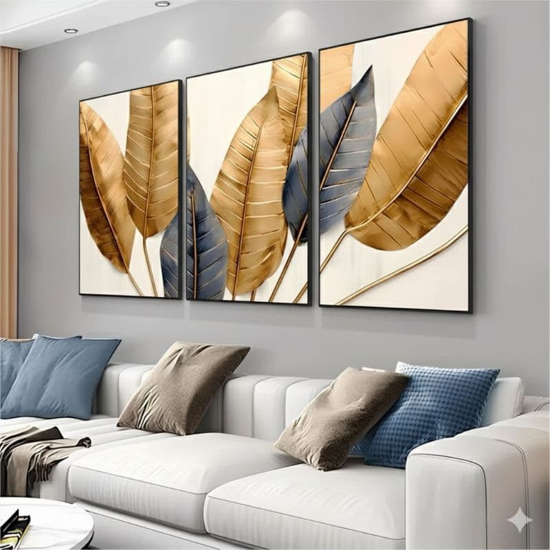 Kit 3 Quadro decorativo Luxo 3D folha em alto relevo.